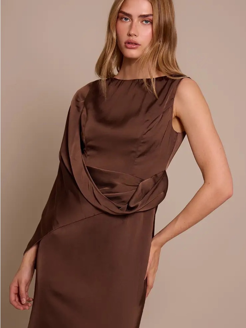 Chocolate Asymmetric Cape Detail Boat neck Satin Long Maxi Dress Prom 10 NWT